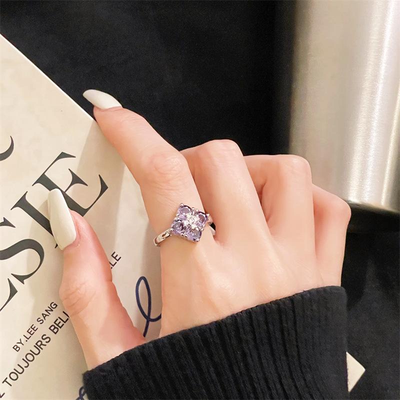 The Same Color Treasure Open Ring Light Luxury High Sense Imitation Opal Emerald Purple Zircon Ring Female