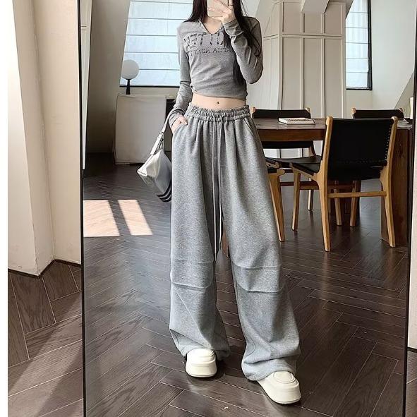 American Gray Hip Hop Wide-Leg Jazz Sweats: Loose, Floor-Length Women's Casual Sports Pants