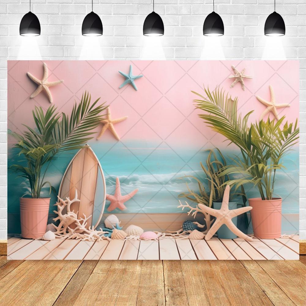 Summer Beach Photography Backdrop Hawaiian Pink Tropical Ocean Seaside Surfboard Kids Birthday Holiday Party Photo Background