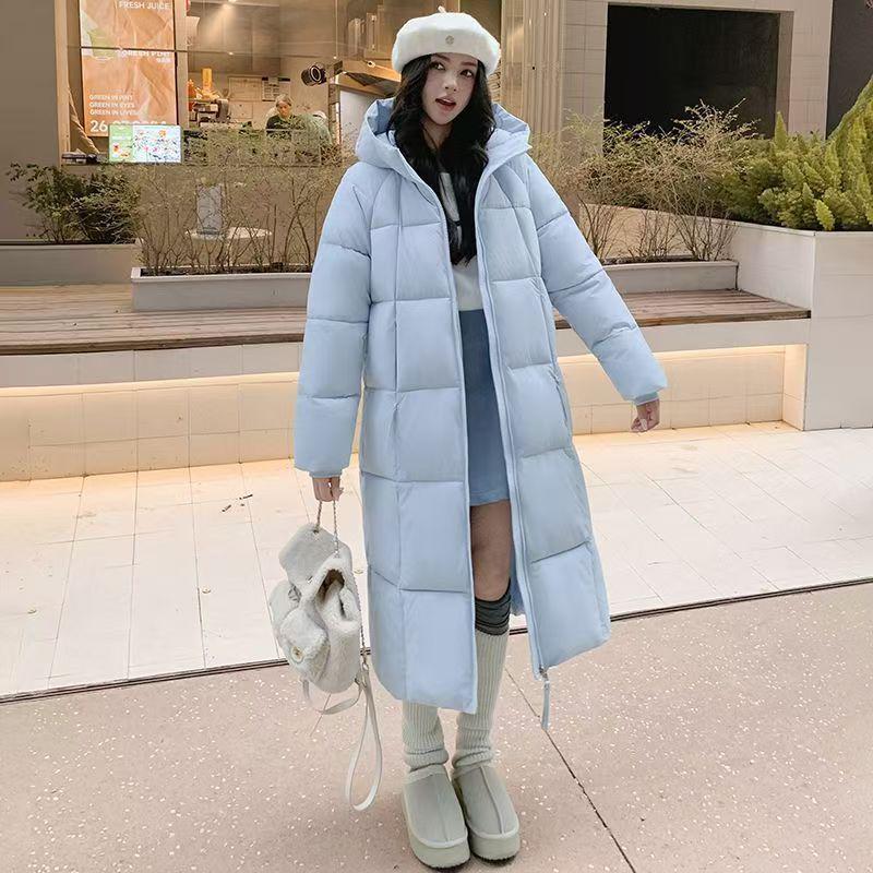 

Женская черная длинная куртка из гусиного пуха - Модная утолщенная куртка свободного кроя ниже колена, Зима 2025 L [Suggest 150-170 Jin] светло-синий