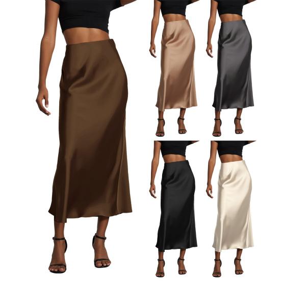 Women Midi Skirt Mid-rise A-Line Solid Color Fishtail Skirt Smooth Fabric Office Lady Skirt