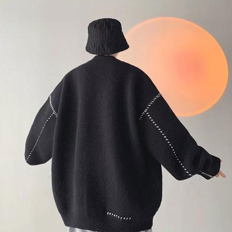 Autumn Winter American V-Neck Jackets Casual Single-breasted Men's Clothing Fashion Bright Line Decoration Loose Vintage Coats