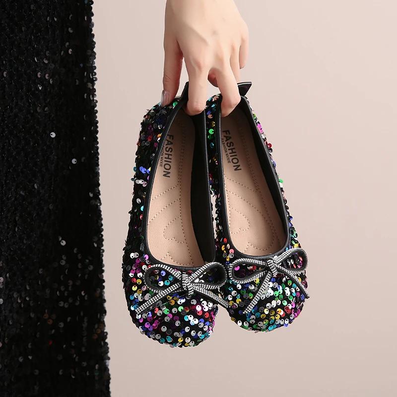 Fashion Shoes Female 2025 Fashion Shallow Women's Flats New Daily Plus Size Sequins Butterfly-knot Light Soft Bottom Flat Low Heels