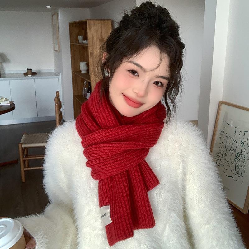 New red knitted scarf men's and women's winter Christmas student couple thickened wool scarf