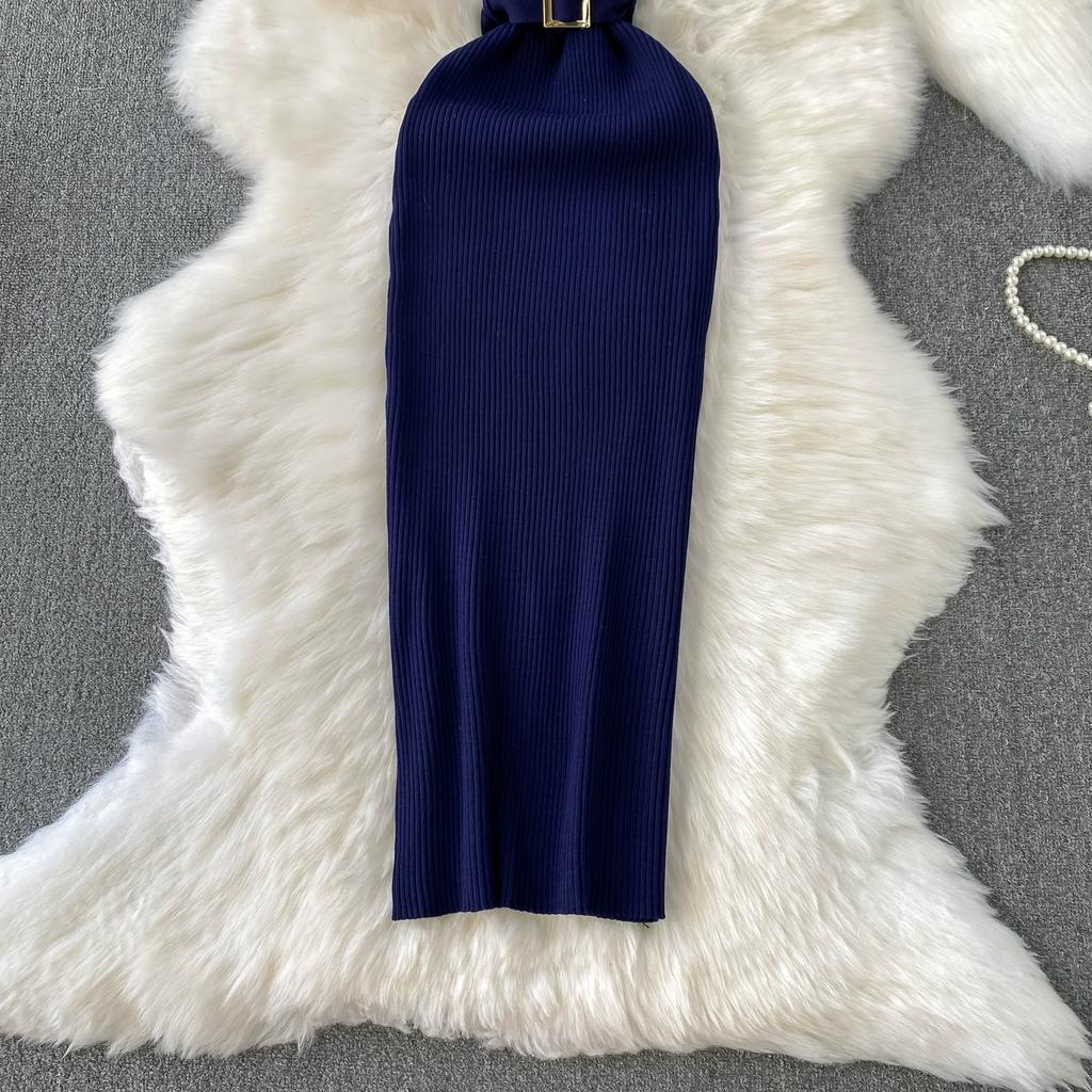 Summer Women Sleeveless Single Breasted Office Work Knitted Sweater Sheath Dresses with Belt