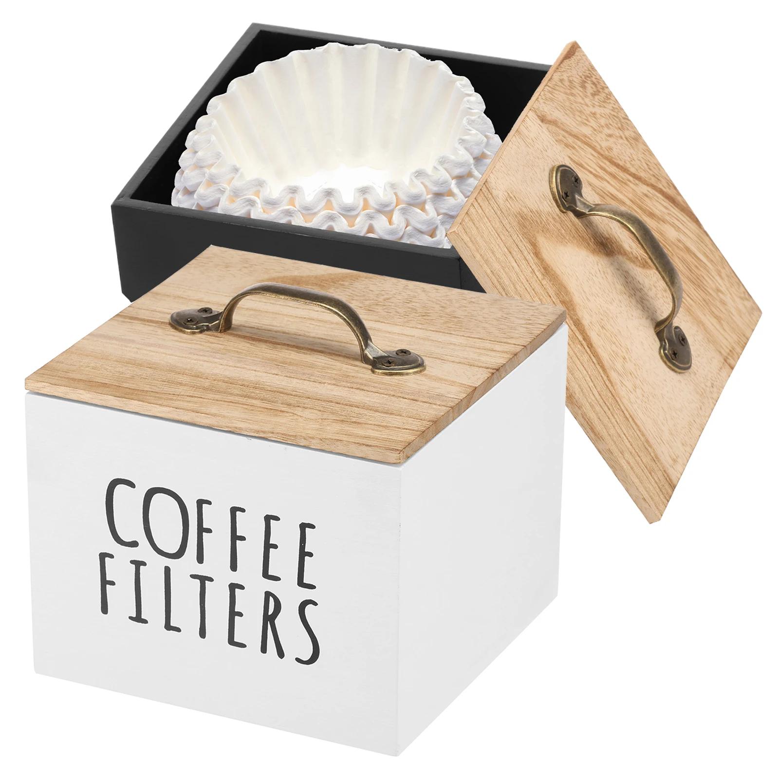 Coffee Filter Holder Wood Coffee Filter Storage Box Container Dispenser with Lid Large Capacity Bar Counter Organizer bianco