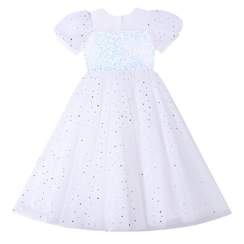 Girls' Sequin Puff Sleeve Princess Dress - Long Mesh Flower Girl Wedding Summer Formal Attire