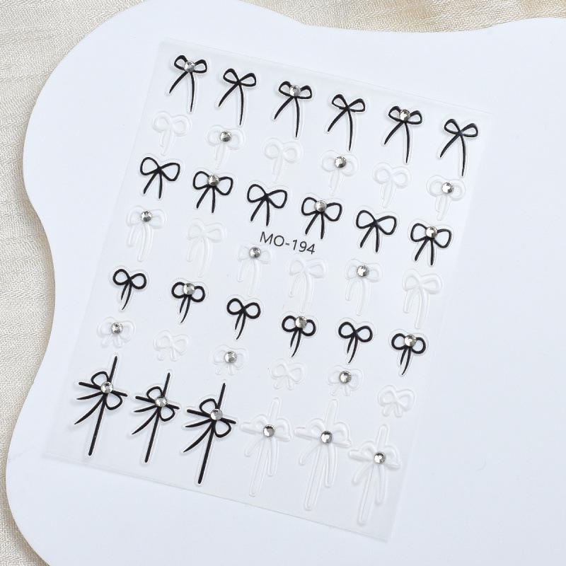 3D Crystal Diamond Bow Nail Stickers: Black & White Self-Adhesive Cute Embossed Decals
