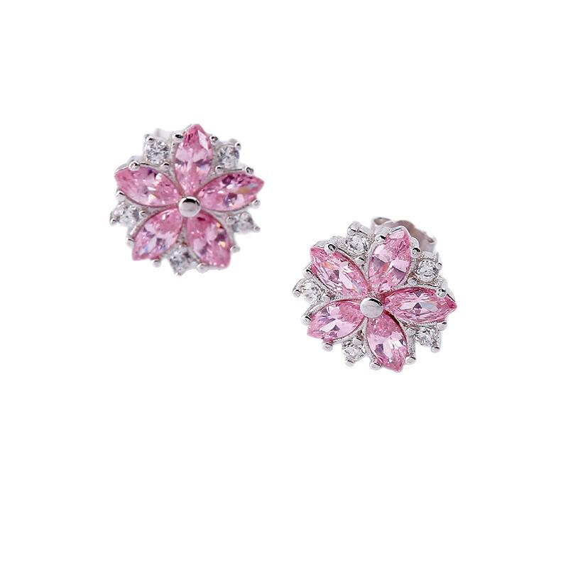 Pink Cherry Blossom Zircon Inlaid Silver-Plated Copper Stud Earrings for Women - Japanese Korean Sweet Style Creative Ear Jewelry