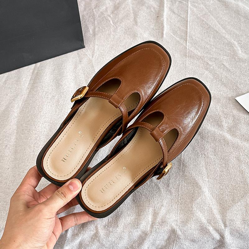 X139-3 French 2025 Summer New T-button Round Head Slippers Low Heel Mary Jane Shoes Comfortable Women's Outer Slippers