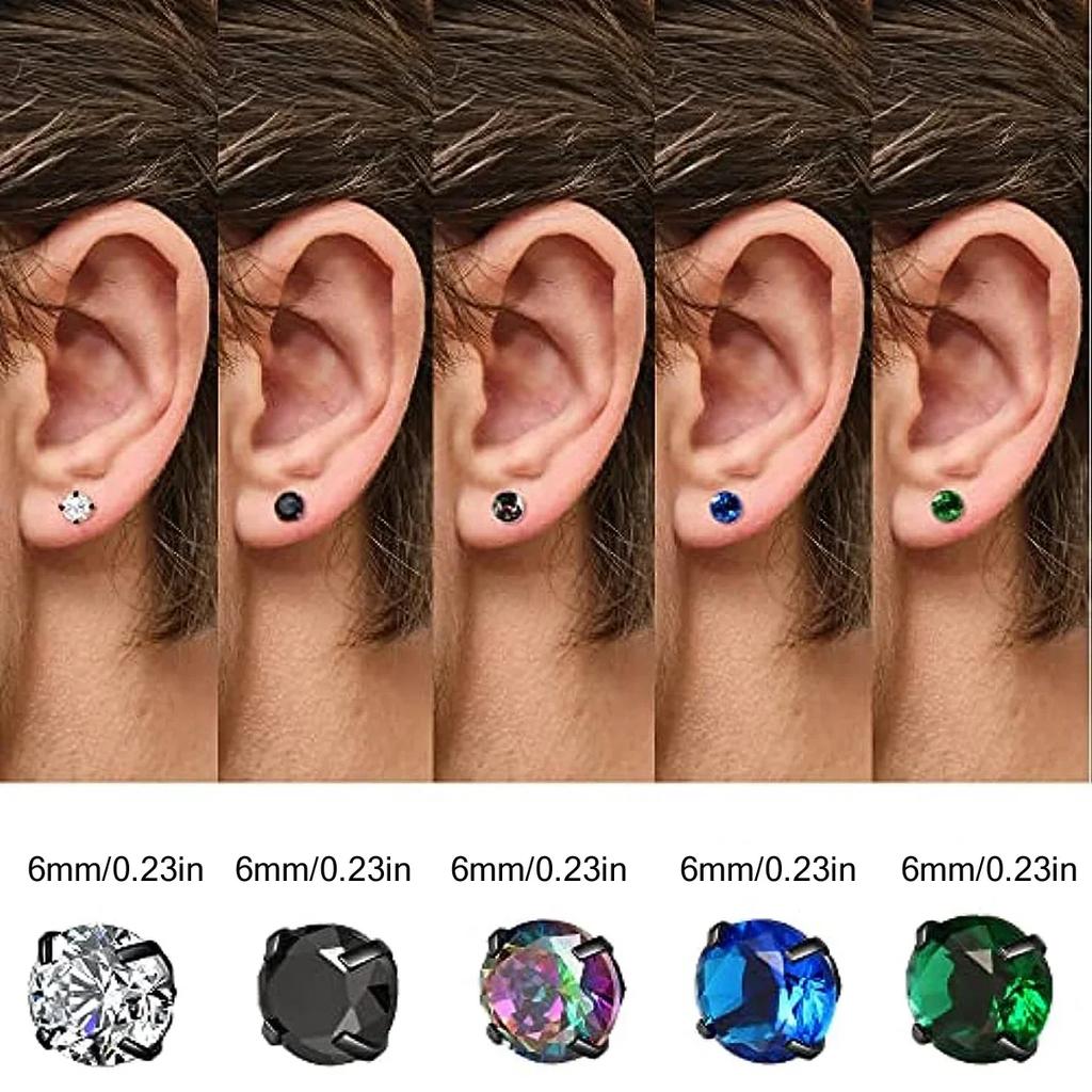 Glamorous Stainless Steel & Zircon Stud Earrings for Men – Hypoallergenic 5-Pairs Set, Durable & Versatile