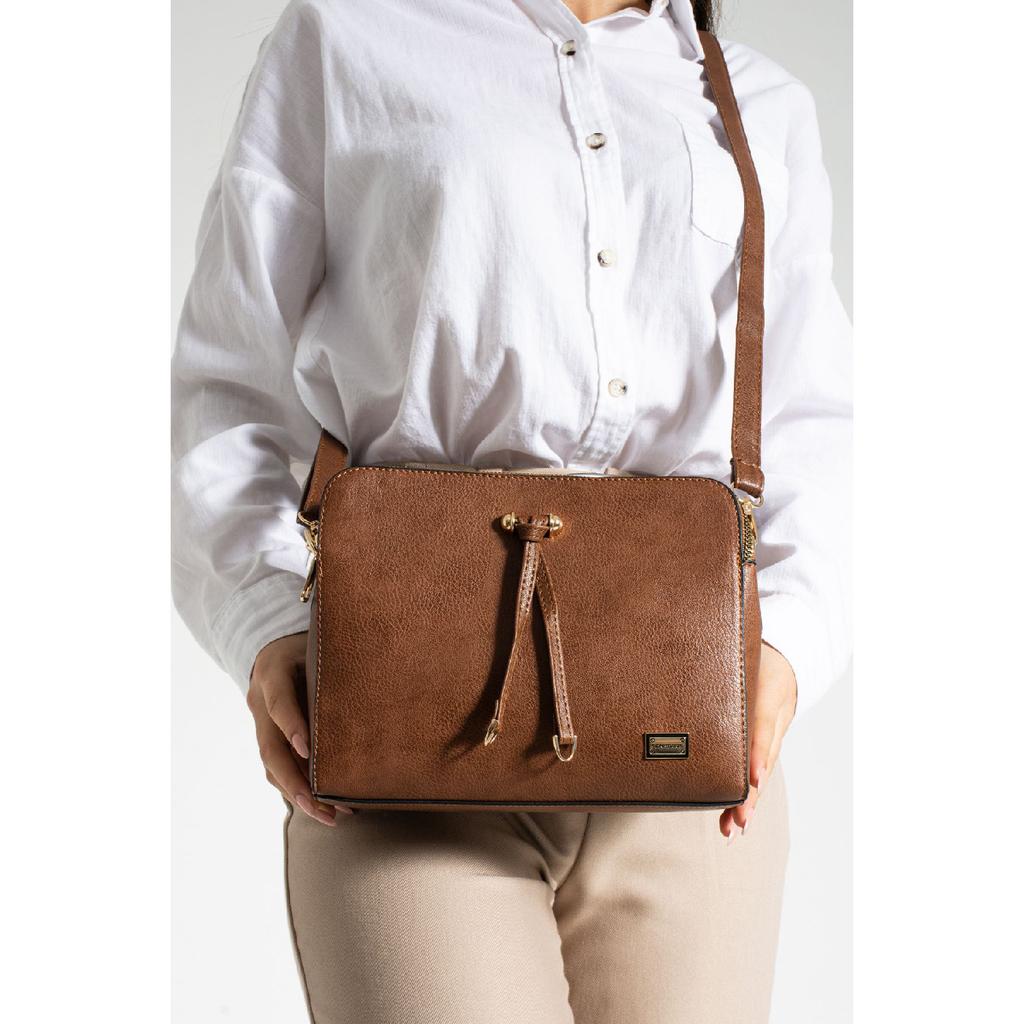 Women's Faux Leather Adjustable Cross Strap 3 Compartment Metal Zipper Shoulder Bag