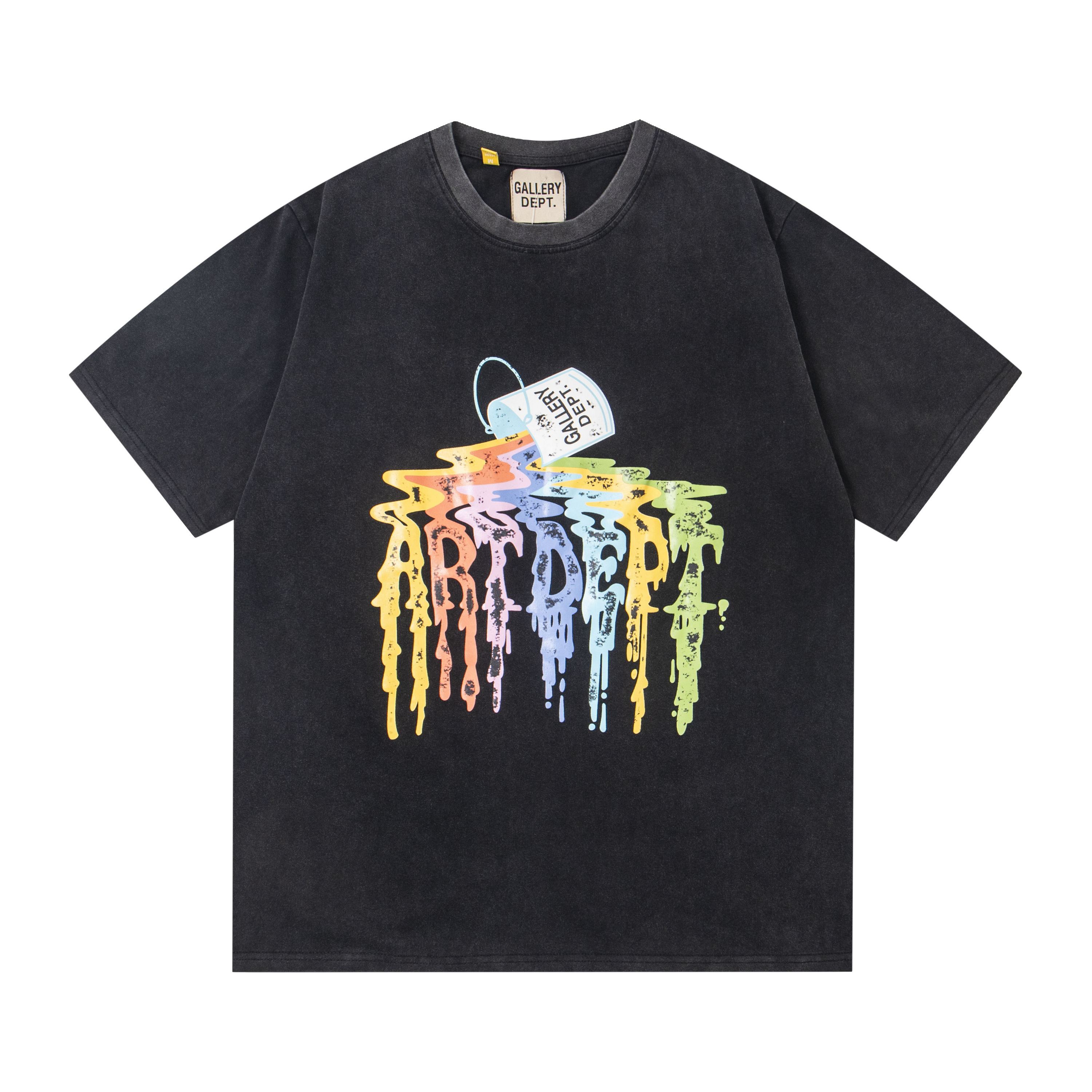 Summer Men s and Women s Gallery Dept Rainbow Paint Drip Print T-Shirt Vintage Washed S чёрный