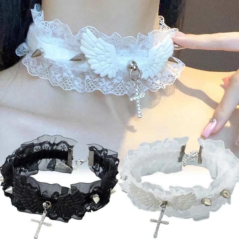 Punk Solid Women Girls Y2K Necklace Wide Lace Rivets Choker Angel Wings Cool Leather Necklace Daily Wear