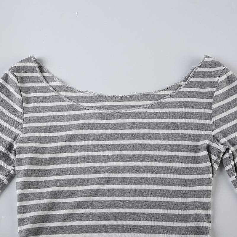 Spring and Autumn Models Women's Street Slim Personality Bottoming Casual One Shoulder Long-sleeved Striped T-shirt