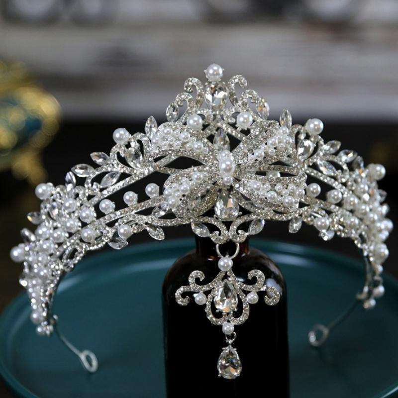 DIEZI Barock Vintage Königin Kristall Wassertropfen Anhänger Krone Braut Elegant Perle Diademe Diadem Mädchen Hochzeitsparty Stirnbänder