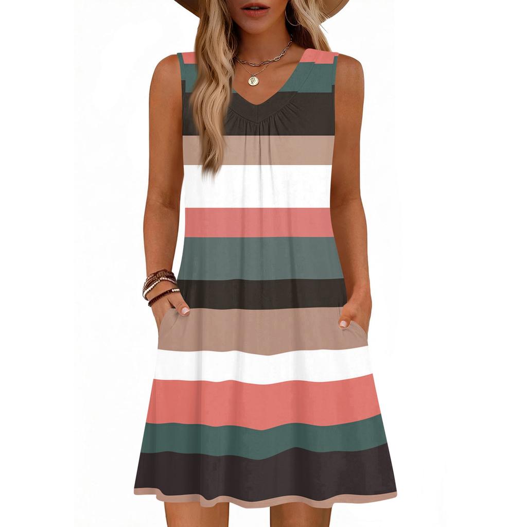 Dámské módní letní tílko bez rukávů s V-výstřihem, s kapsou, ležérní volné šaty