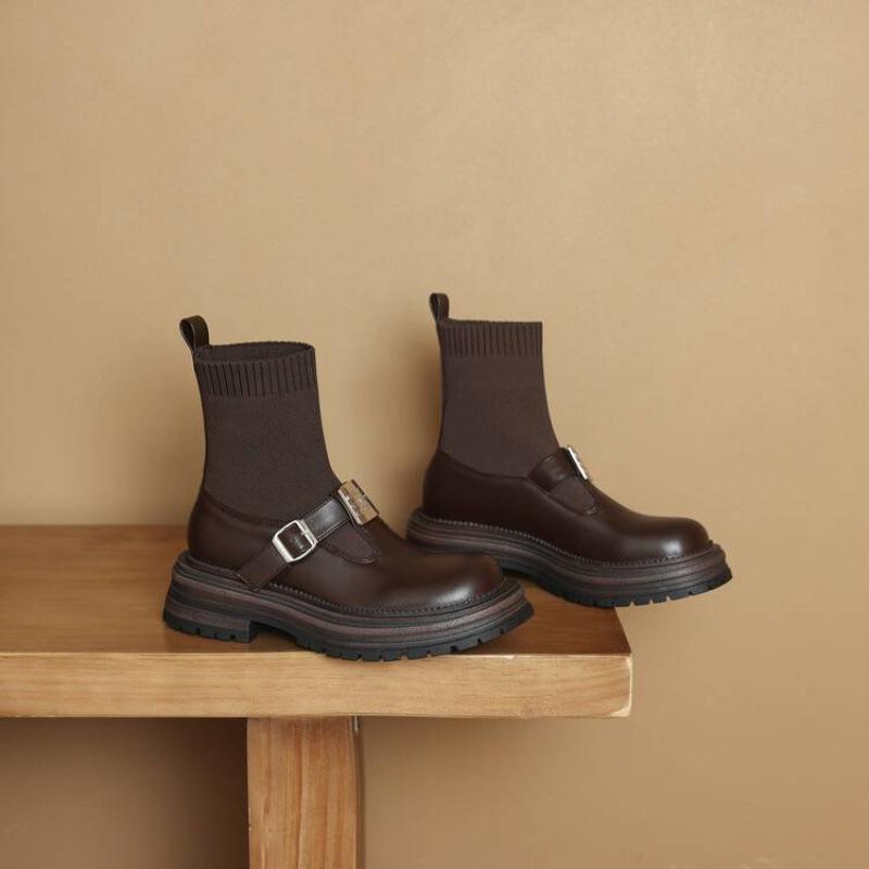 Autumn and winter women's medium heel thick-soled knight boots women's comfort sleeve medium boots leather women's boots Korean version large