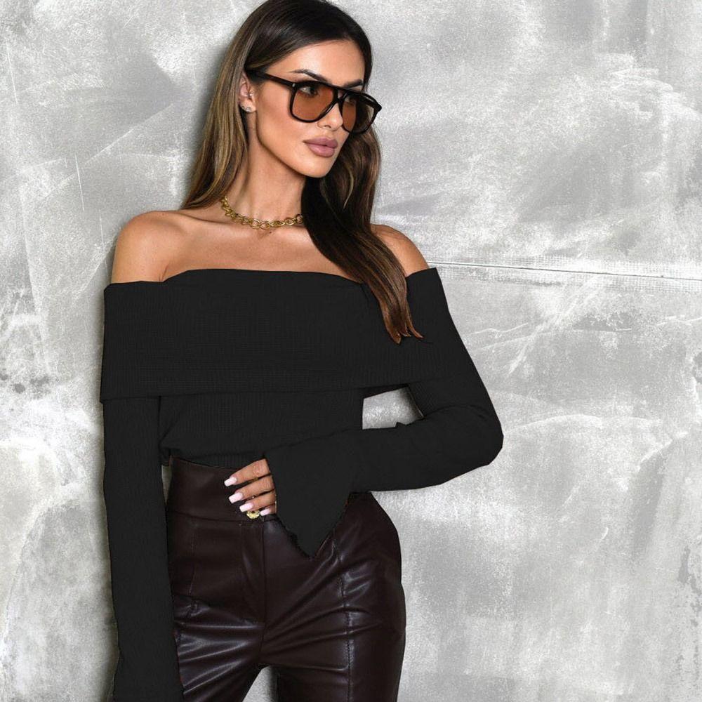 

Skinny Off Shoulder Pullover One line neckline Slim Cropped T Shirt Spring Autumn M