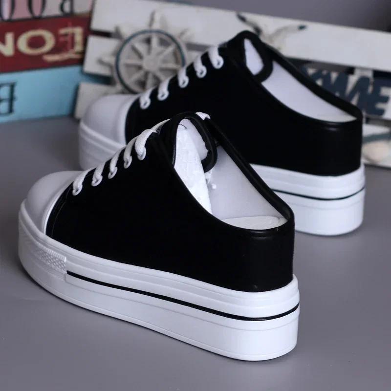 Fashion Elegant Black White Canvas Platform Wedge Slippers Women Mules Shoes Leisure Stealth Increase Slippers Woman Closed Toe Sandals