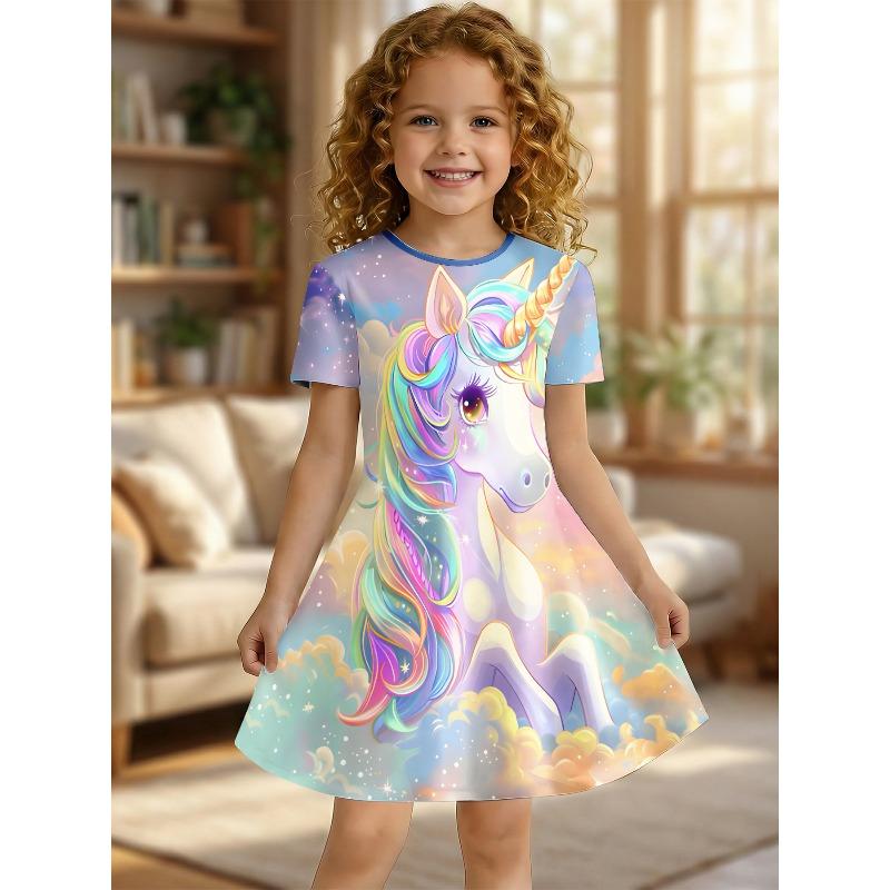 Vestido Camiseta con Estampado de Unicornio Arcoíris para Niña Vestido Casual Suave de Nube Celeste para Fiesta Infantil Ropa Adecuada para Regalos de Cumpleaños