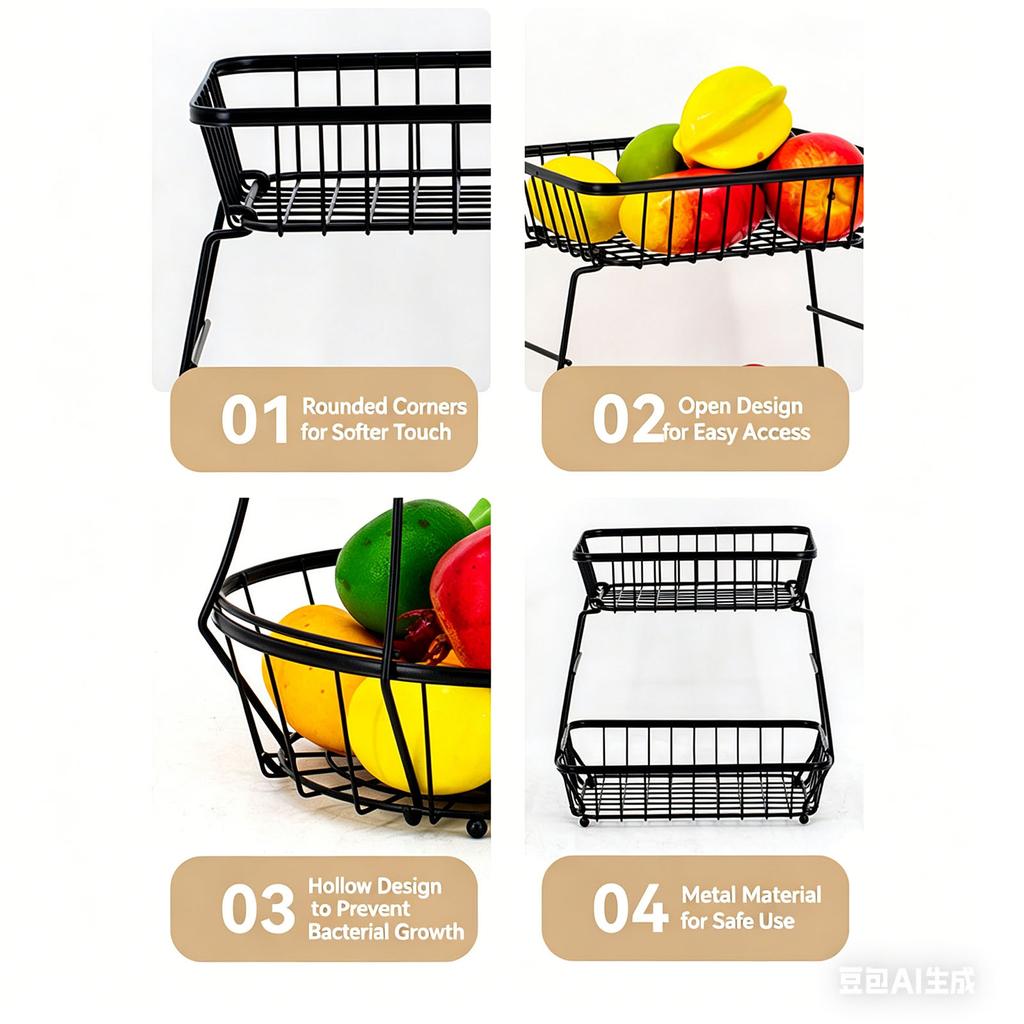 Detachable Two-Tier Metal Wire Fruit Basket Kitchen Countertop Storage Rack for Living Room Tabletop Organization and Display