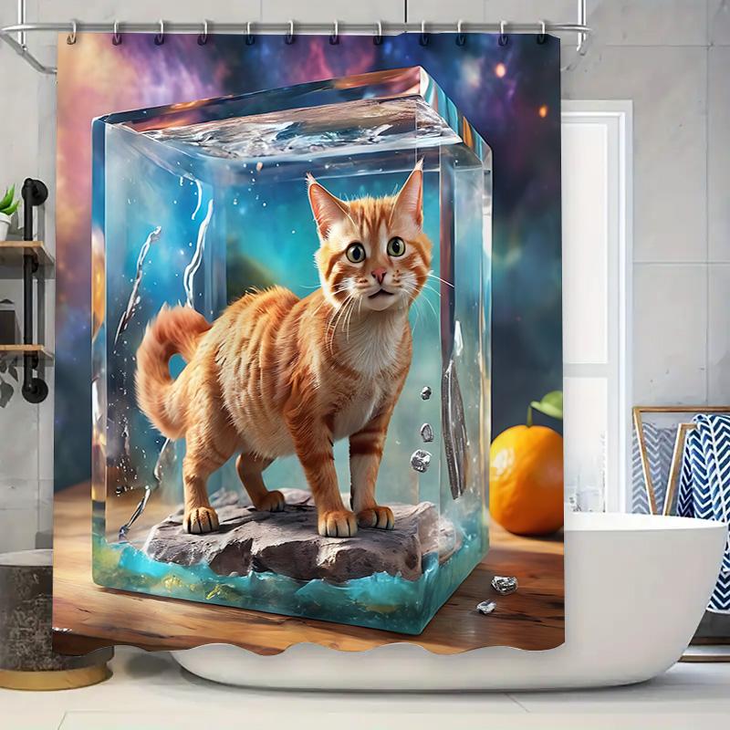 

Magical Cat In Crystal Cube Shower Curtain With Cosmic Background Add A Touch Of Fantasy To Bathroom Decor Enhance Home Ambiance W60H190(CM)-1 Pcs