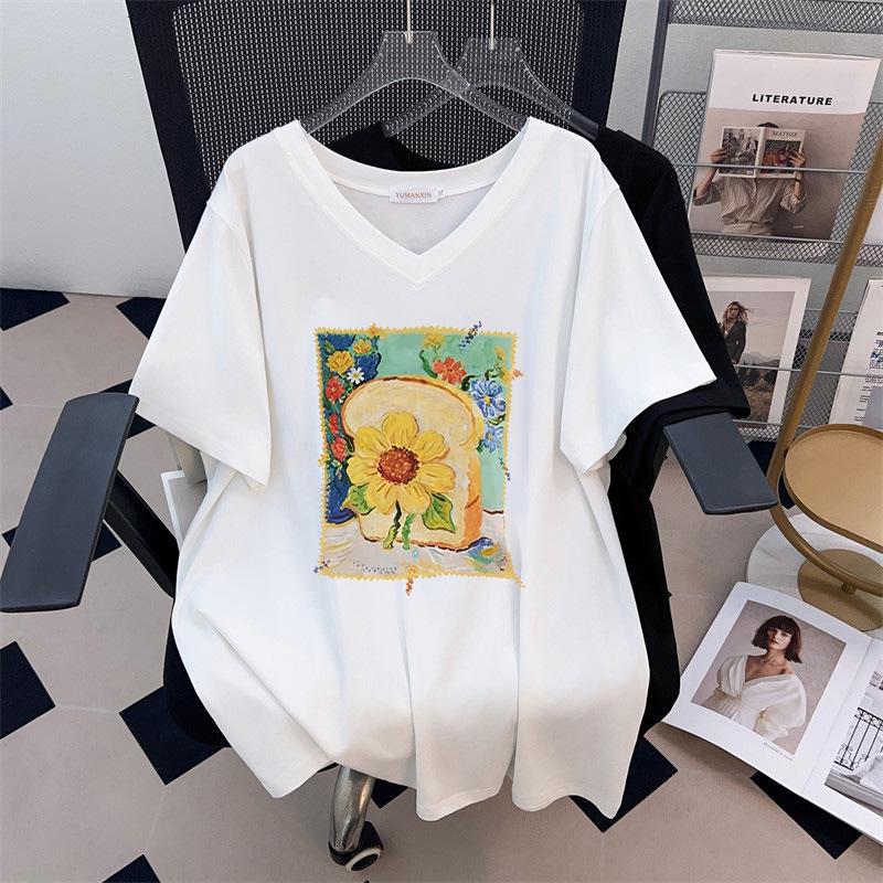

V-Neck Plus Size Slimming Loose Mid-Length Short-Sleeve Women s T-Shirt (200/300/350 jin) 5XL