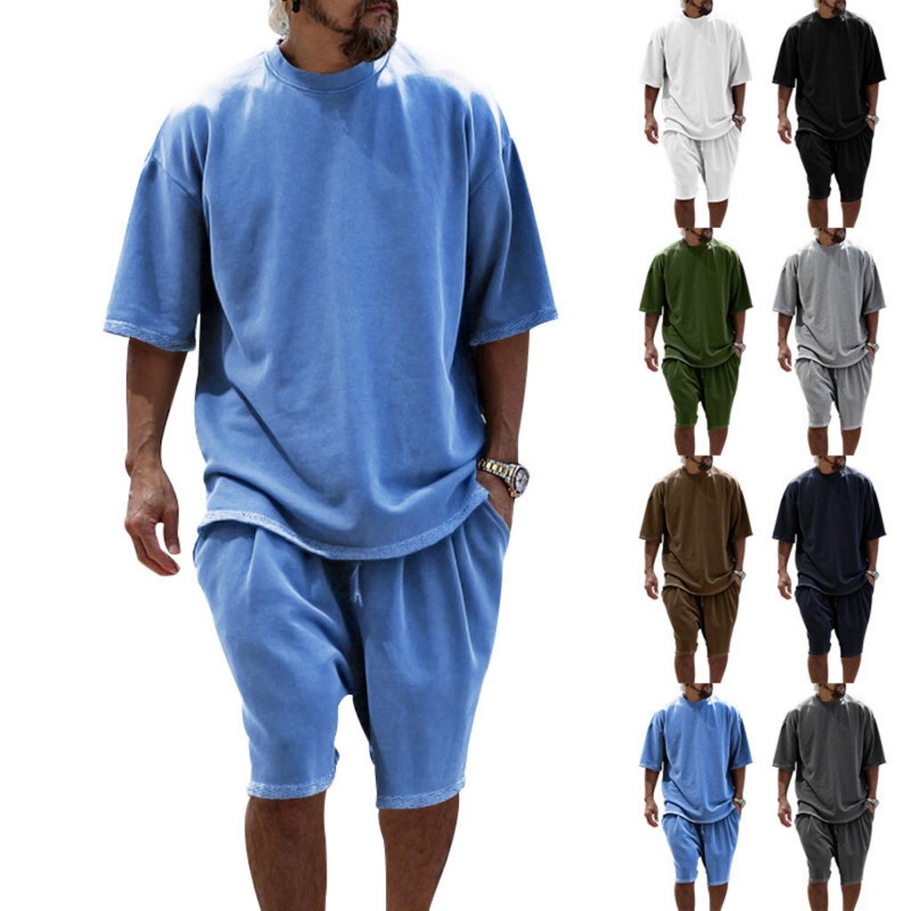 Set Due Pezzi T-shirt da Uomo a Maniche Corte Girocollo e Pantaloncini con Coulisse Outfit Estivo Casual Vestibilità Larga per l'Uso Quotidiano