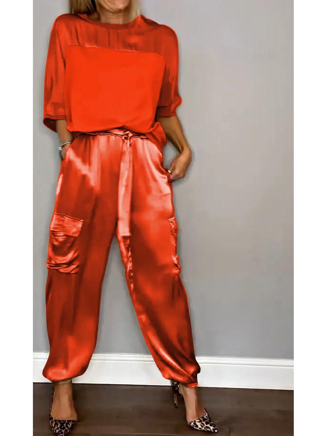 

2024 European & American Women s Satin Half-sleeve Top and Pants Two-piece Set M