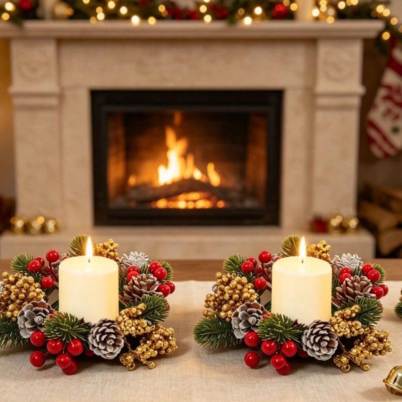 2Pcs Artificial Pinecone Christmas Wreath, Christmas Floral Candle Holder, Tabletop Home Decor Ornament, Festive Atmosphere Decoration
