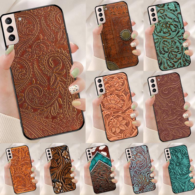 Brown Tooled Leather Pattern Funda Case For Samsung Galaxy S25 Ultra S9 S10 S20 S21 FE S22 S23 Plus S24 Ultra Phone Cover