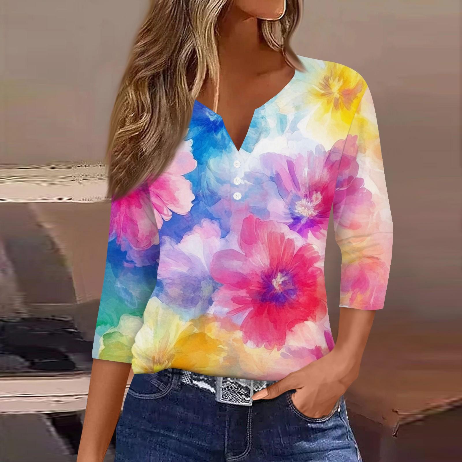 

Жен. Футболка Футболка С принтом Пуговицы Рукав 3/4 Повседневные Выходные Мода Классический V-образный вырез Обычный Топ L