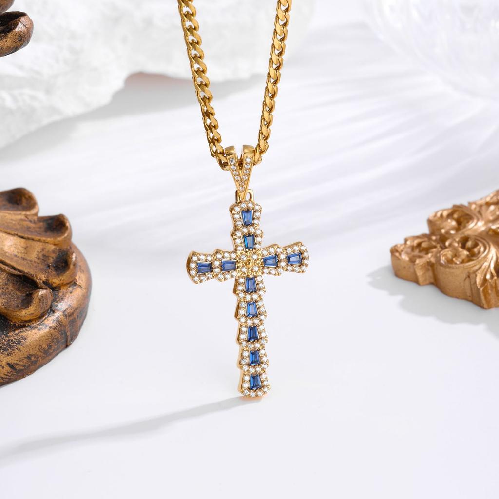 2026 Stone Cross Necklace Fashion Light Luxury Necklace Jewelry Premium Jewelry Full Diamond Men's Necklace