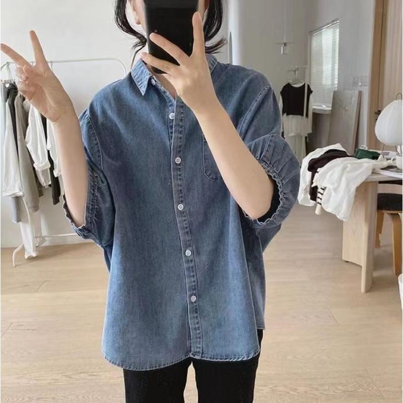 Lantern Sleeve Denim Shirt Women's New Summer Loose Retro Quarter-sleeve Design Simple Top