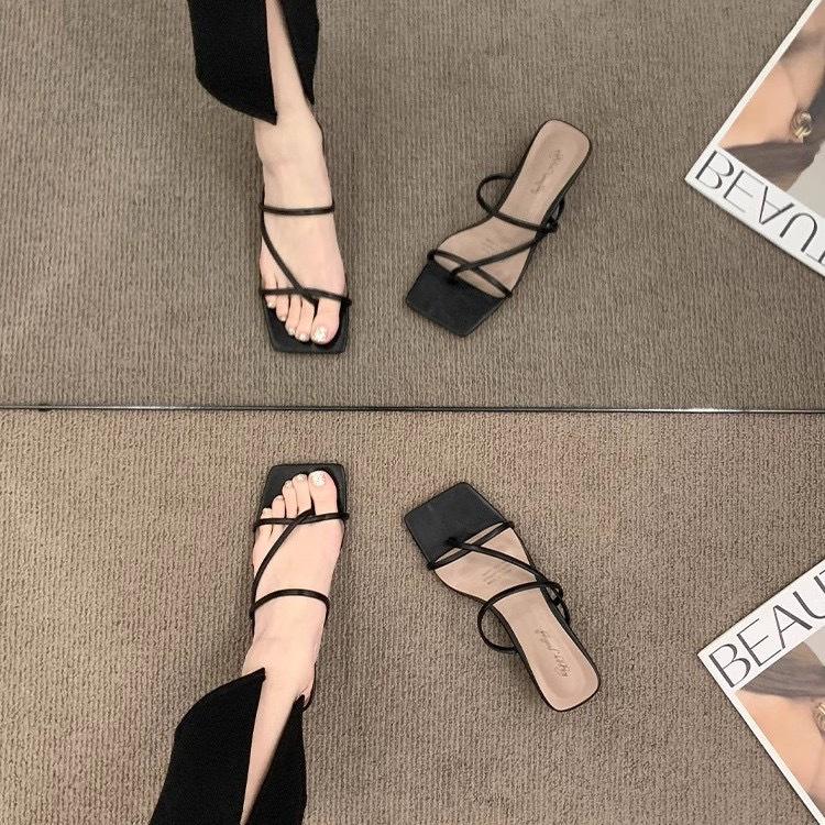 

Тапочки с открытым носком, женский нишевый дизайн, толстый каблук, средний высокий каблук, туфли на одном ремешке 37 чёрный