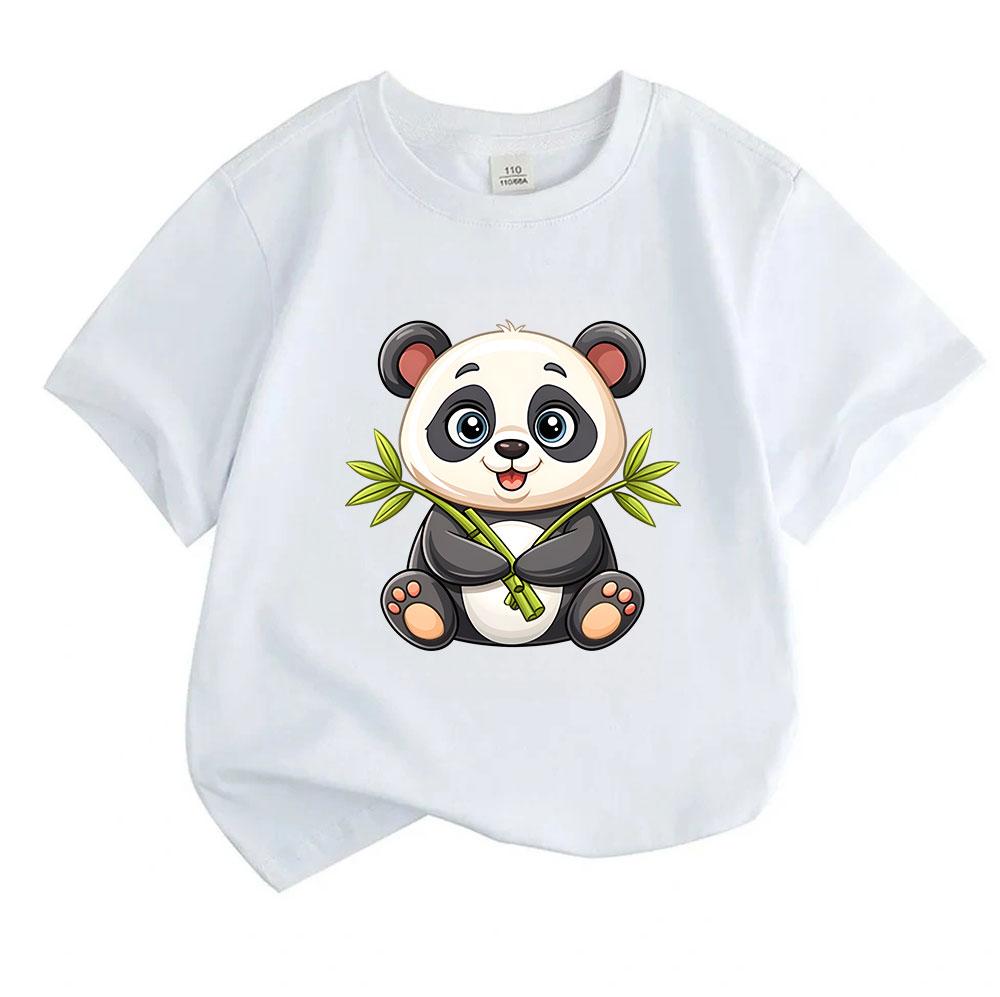 Cute Cartoon Panda Holding Bamboo Kids 100% Cotton Crew Neck Short Sleeve T-Shirt for Boys Girls Casual Soft Breathable Summer Animal Pattern Printed