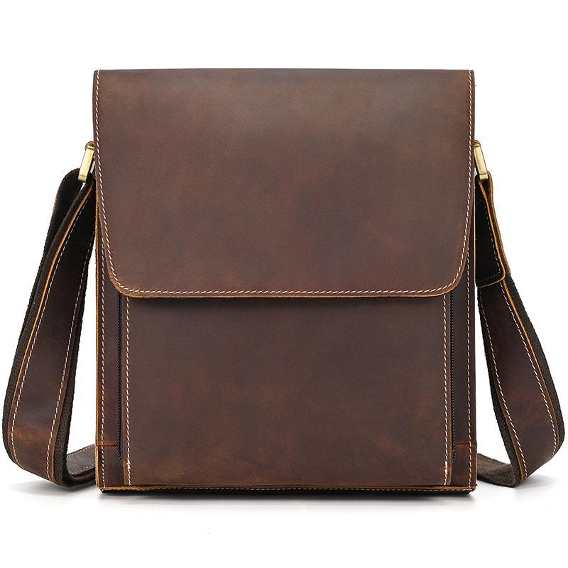 

European and American Men s Genuine Leather Shoulder Bag, Crazy Horse Leather Retro Crossbody Bag, Casual Outdoor Top Layer Cowhide IPad Men s Bag темно-коричневого кольору