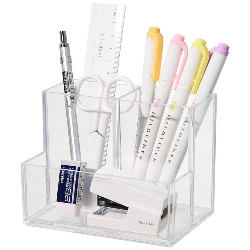 Simple Desk Pen Holder Clear Stationery Organizer Multifunction Pencil Storage Box Home Office