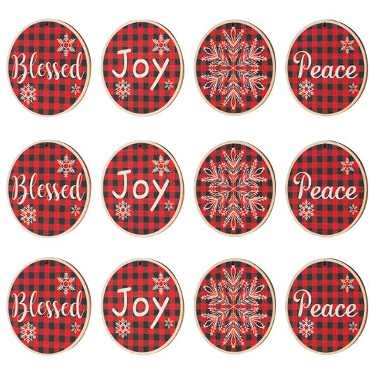 

12 шт. Рождественский кулон, простая установка, красный и черный сетчатый принт, деревянный подвесной орнамент для украшения дома B