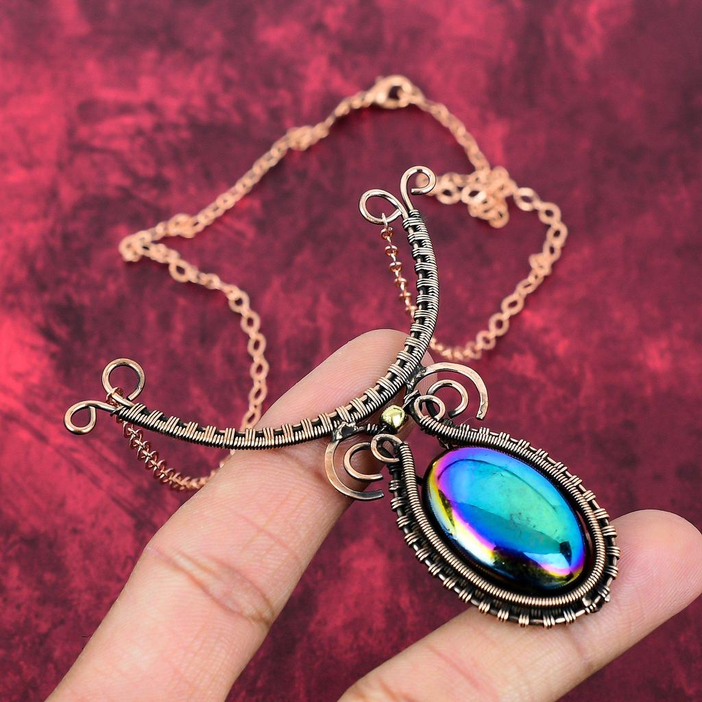 Mystic Fire Labradorite Necklace Copper Wire Wrapped Handmade Necklace Adjustable Chain Necklace Gemstone Copper Wire Jewelry Wedding Gifts