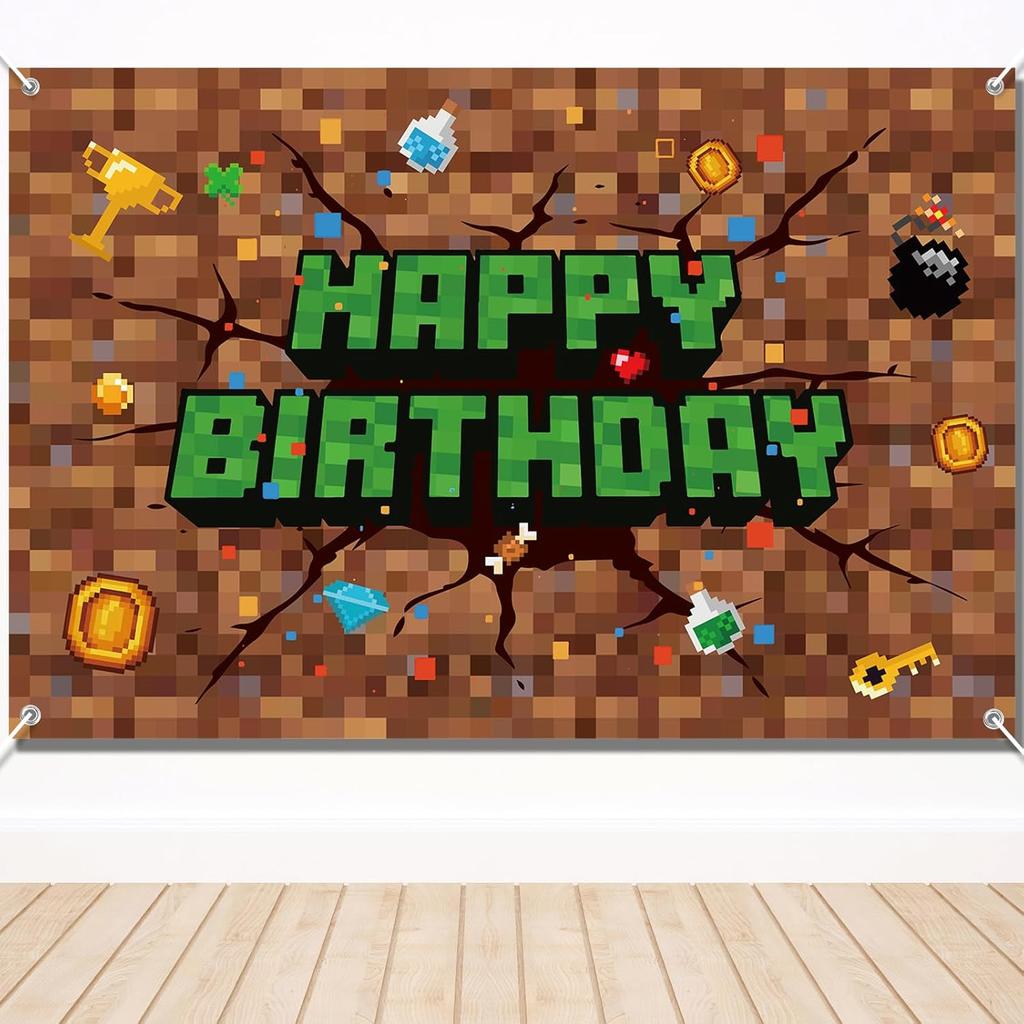 Pixel Birthday Decorations, 5x3 ft Happy Birthday Banner Backdrop for Miner TNT & Pixel Themed Celebration Kids Boys Game Party Supplies