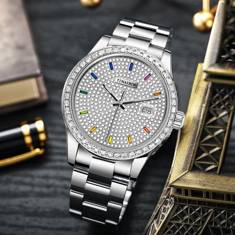 Swiss Automatic Men's Watch: Waterproof, Luminous, Diamond Accents, Steel Band, Quartz Movement.