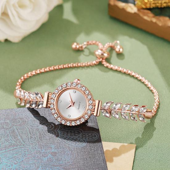 Women Rhinestone Leaf Watch Round Dial Ladies Casual Formal Dress Quartz Bracelet Wristwatch Fashion Jewelry Accessory
