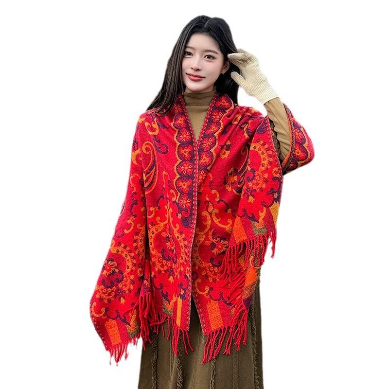 Womens Winter Oversized Shawl Wrap Scarf Boho Ethnic Print Faux Cashmere Warm Blanket With Tassels