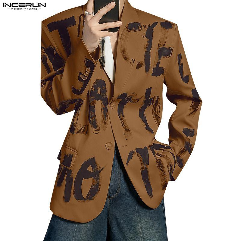 INCERUN Oversized Spring Men Lapel Neck Long Sleeve Print Button Thin Blazer Coats