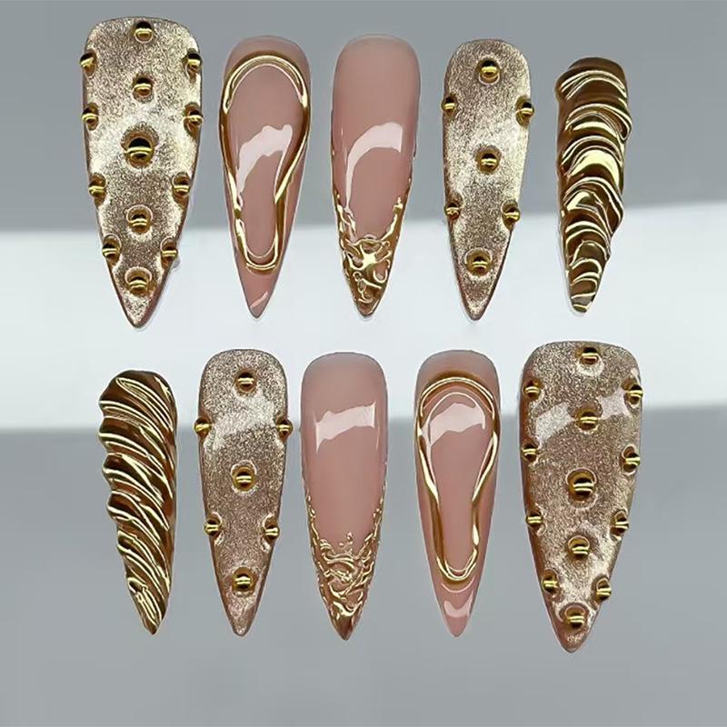 

24PCS Long Stiletto Press on False Nail Sweet Cool Golden Star Dark Purple Gradient French Fake Nails for Spice Girls with Charm