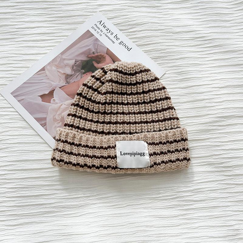 Hat women's autumn and winter retro striped wool hat, big head circumference, small face, warm ear protectors, knitted cold hat