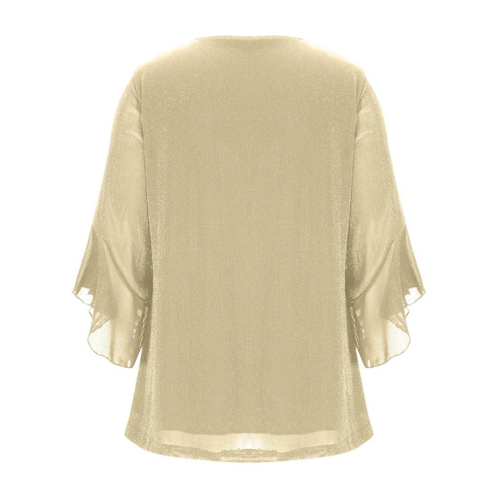 Women's Elegant Ruffled Shiny Stamped Seven-Sleeve Double Layer Mesh Top