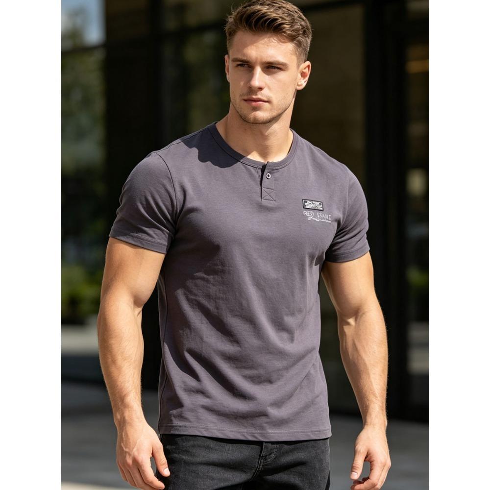 Men's Plus Size Henley T-Shirt (Up to 6XL) - 95% Cotton Short Sleeve Crew Neck Tee with Chest Logo - Big and Tall Casual Summer Top